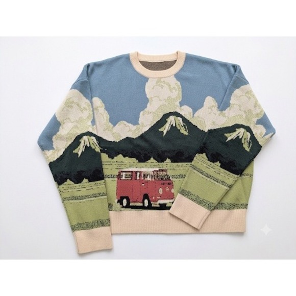Cider Sweaters - Cider Landscape Van Mountain Intarsia Knit Sweater Blue Green Crewneck Pullover